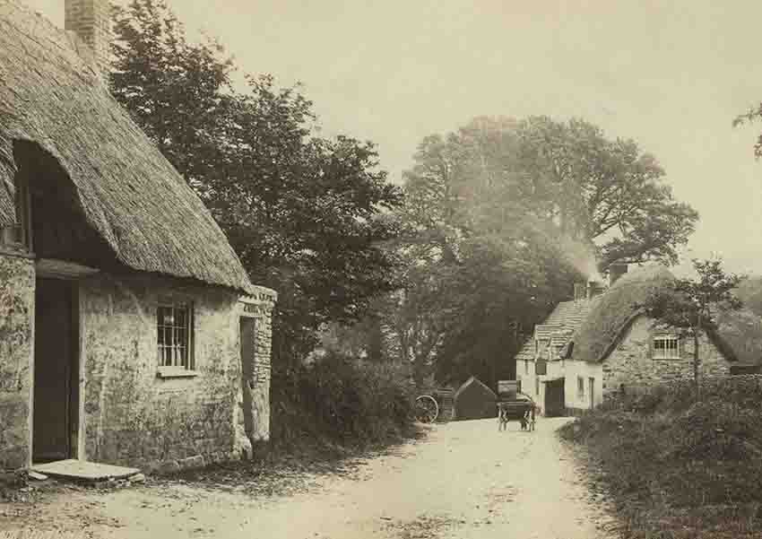 Taken in 1888. The building on the right is the ‘New Inn, now the Bankes’ Arms. The cottage on the left was the ‘Old’ inn., Lawrences’s ‘Wellington Inn.