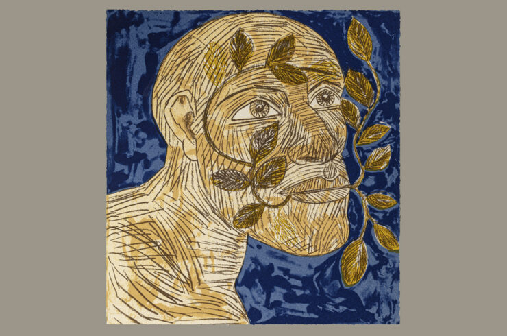 Green Man (Blue), Screenprint in ten colours, Somerset textured paper, Printed with Kip Gresham at Curwen Chilford Print, Edition of 70, 1992, 2020.1.173, Artist copyright © in Elisabeth Frink images courtesy of Bree and Tully Jammet/Courtesy Dorset Museum.