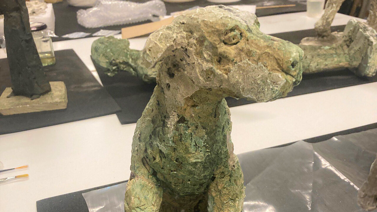 Dog by Elisabeth Frink, Plaster, 1992, Conserved with the support of The Finnis Scott Foundation. 2020.1.87. Artist © in Elisabeth Frink images courtesy of Tully and Bree Jammet/Courtesy of Dorset Museum & Art Gallery.