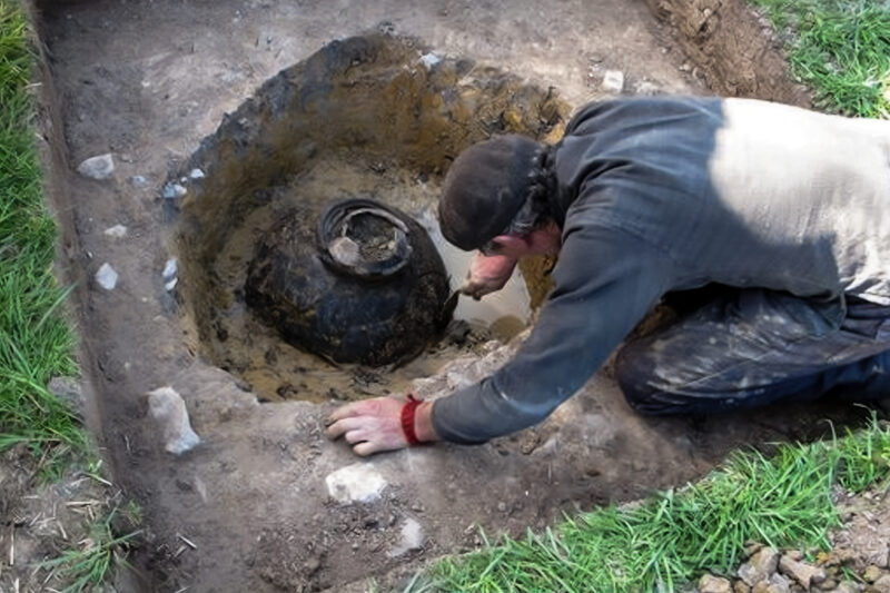 Alan Graham excavating the Frome hoard. Courtesy of South West Heritage Trust.